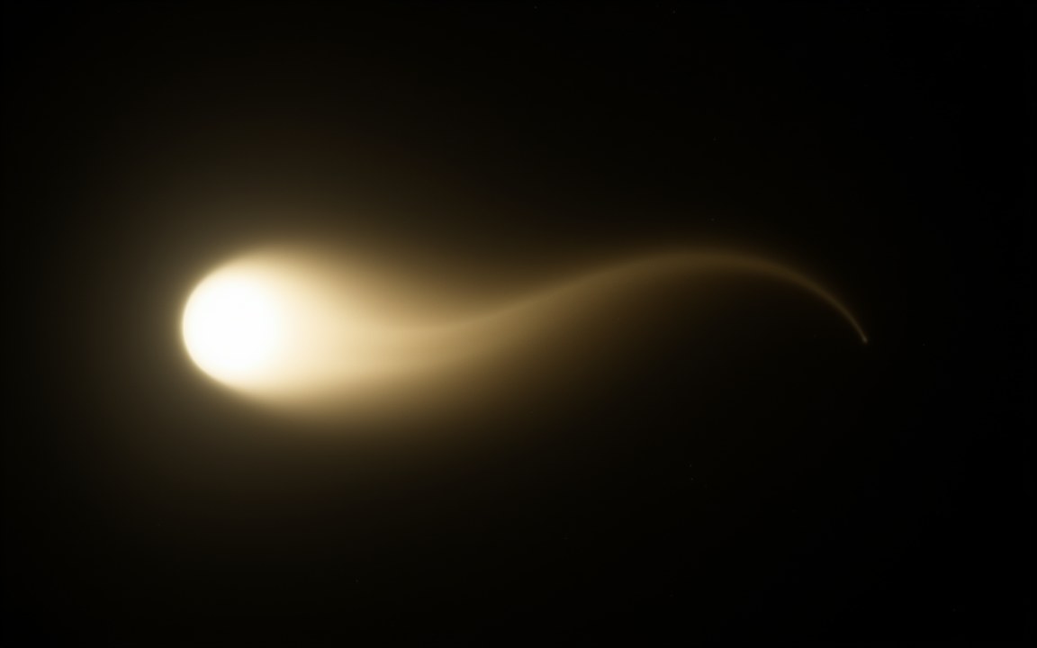 A glowing pale-gold comet head with a thin, curving tail against black space, an impression of the interstellar comet 2I/Borisov.