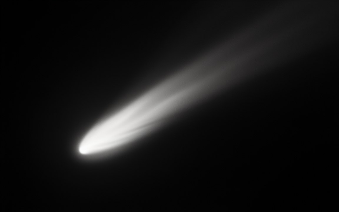 A white comet with a long, streaming tail crossing dark space diagonally, an impression of 2I/Borisov.