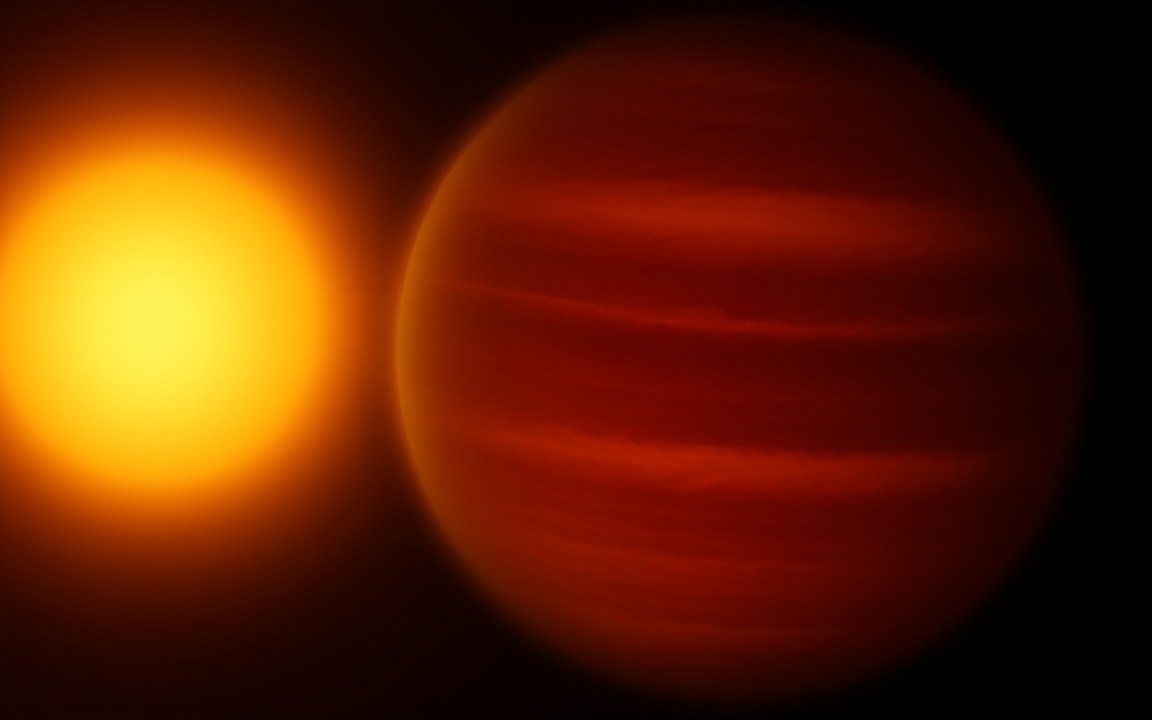 A glowing yellow star on the left and, right beside it, a giant planet banded in dark red and orange, an impression of 51 Pegasi b orbiting very close to its star.