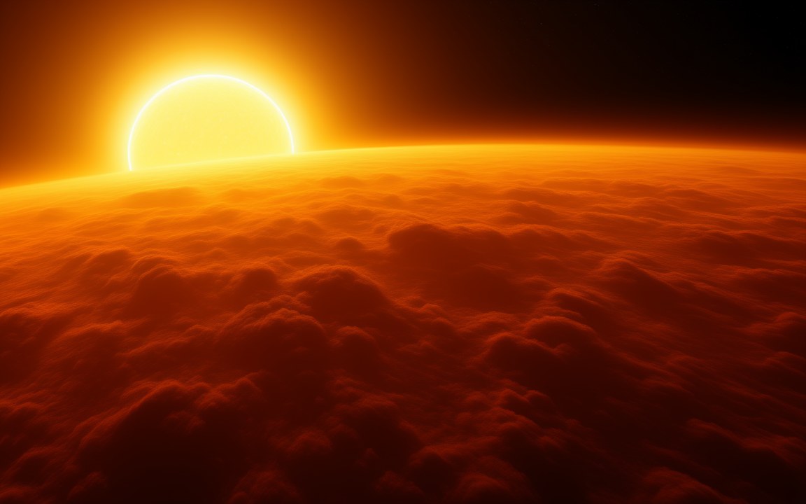 A sea of dark red and orange clouds stretching to a curved horizon, with a glaring yellow-white star rising above it, an impression of the view above the clouds of 51 Pegasi b.