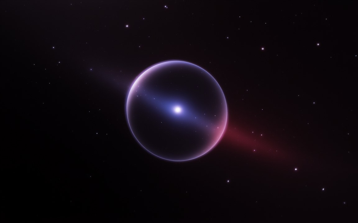 A faint transparent bubble with a bright point at its centre and a streak of light passing through it, against a starfield, an impression of an Alcubierre warp bubble.