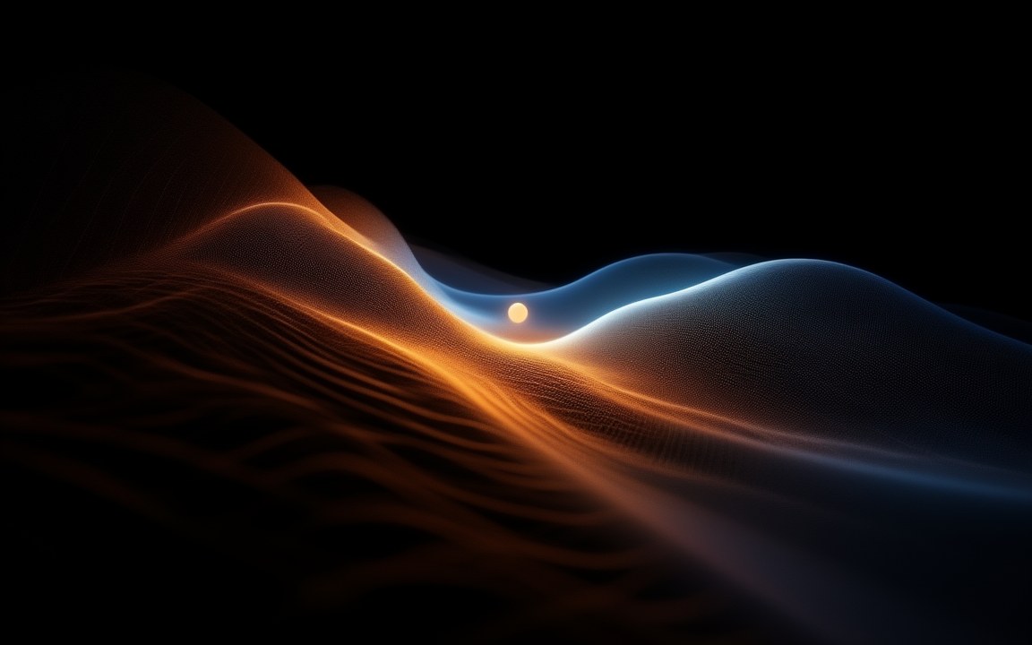 A small glowing sphere riding a wave of rippled orange and blue fabric, an impression of space warped by an Alcubierre drive.