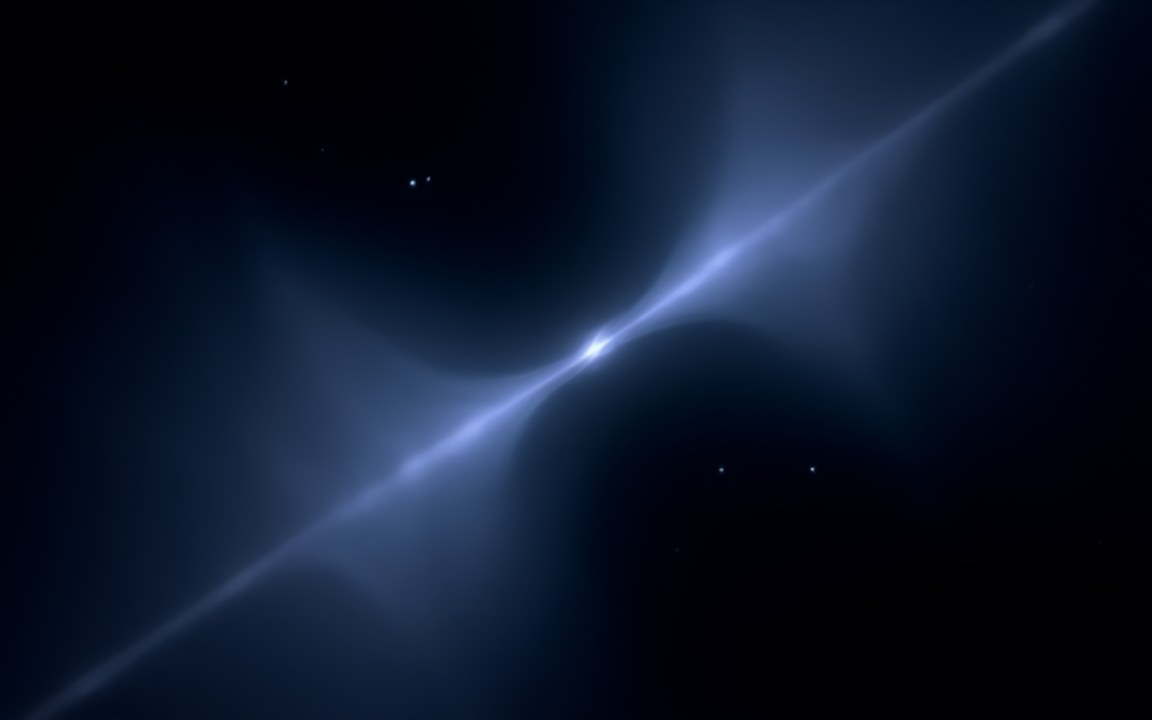 A small bright point in the centre with two thin blue jets shooting out in opposite directions through faint bluish clouds of gas, an impression of the giant radio galaxy Alcyoneus.