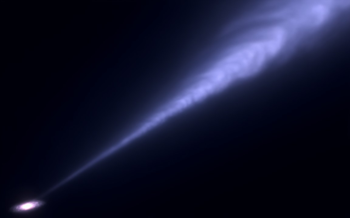 A small pink-white galaxy at the lower left sending a straight blue beam across dark space into a huge, billowing violet cloud, an impression of one of the radio lobes of Alcyoneus.