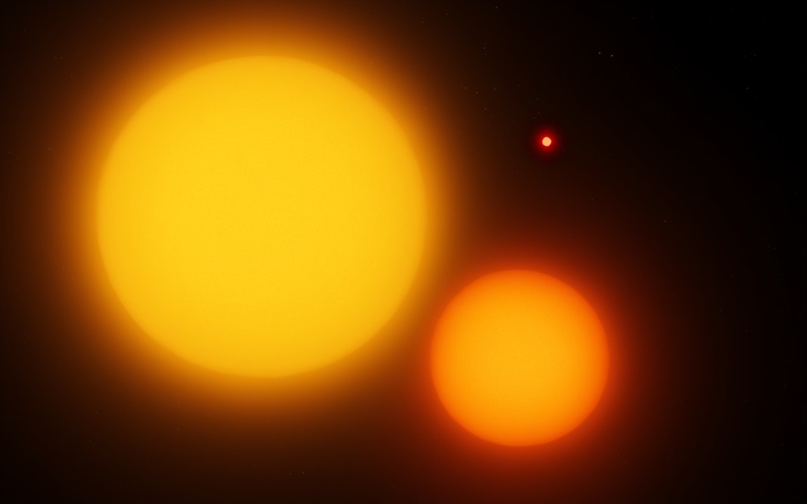 A large yellow star and a smaller orange star side by side, with a tiny red star far off in the upper right, an impression of the three stars of Alpha Centauri.