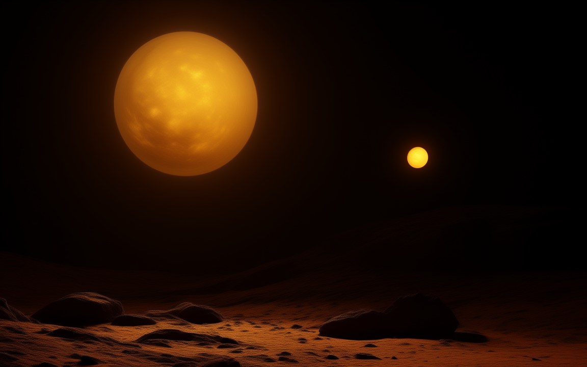 A large golden sun and a small orange sun in a dark sky above a rocky, reddish-brown landscape, an impression of the sky of a planet in the Alpha Centauri system.