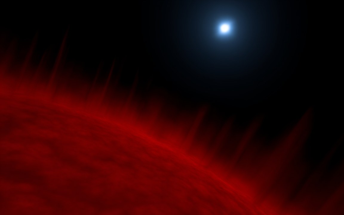 The glowing red surface of a giant star curving across the bottom of the picture, with thin spikes of gas rising from it, under a black sky where a small blue-white star shines, an impression of the view close to Antares.