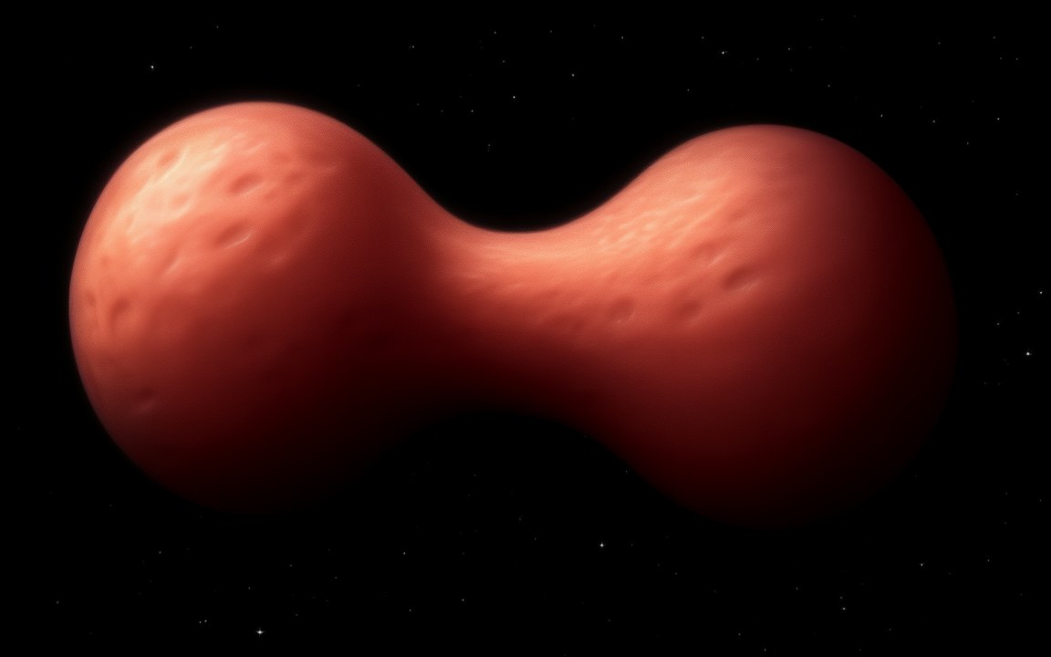 A reddish, lightly cratered icy body made of two rounded lobes joined by a narrow waist, an impression of Arrokoth.