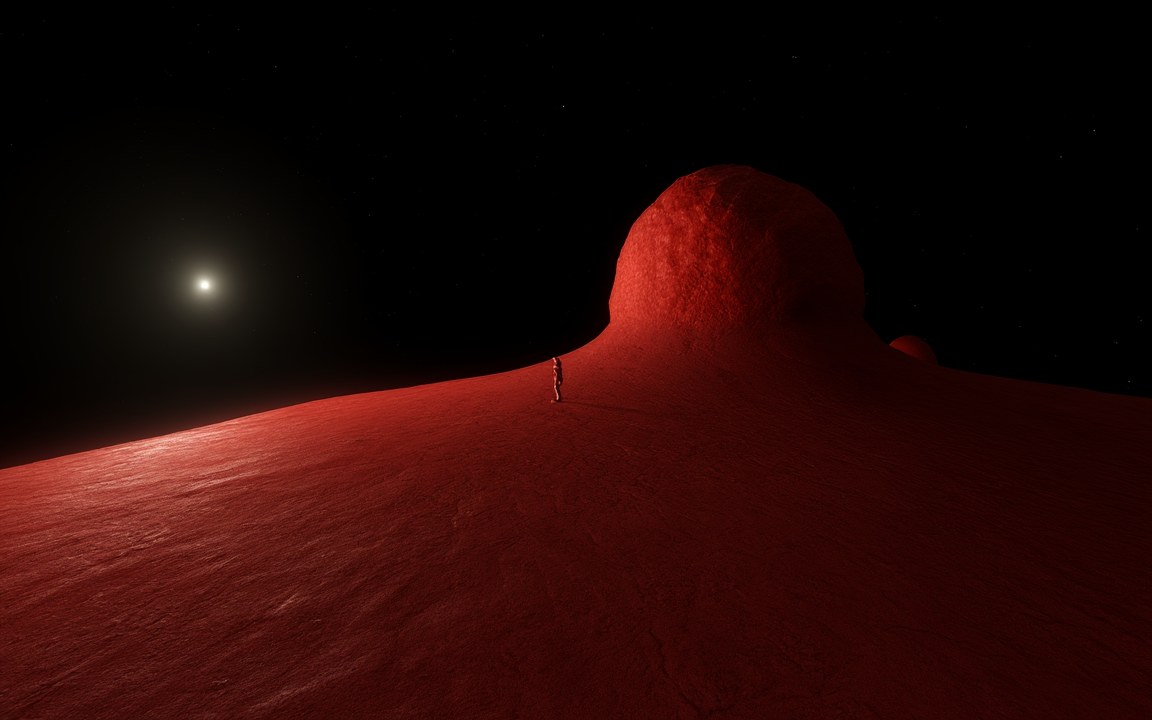 A dark red, frosty surface curving away, with a second rounded lobe rising beyond the horizon and the Sun as a small star, an impression of standing on Arrokoth.