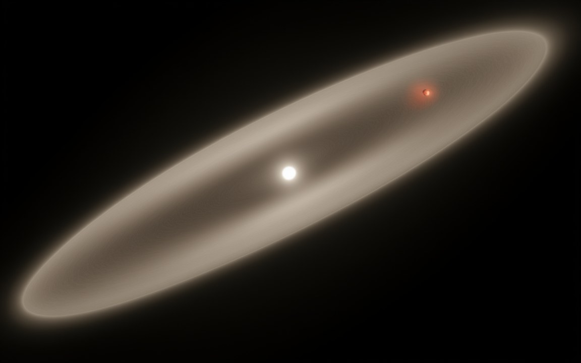 A bright white star at the centre of a long, thin, edge-on disc of pale dust, with a small reddish planet inside it, an impression of Beta Pictoris b and its debris disc.