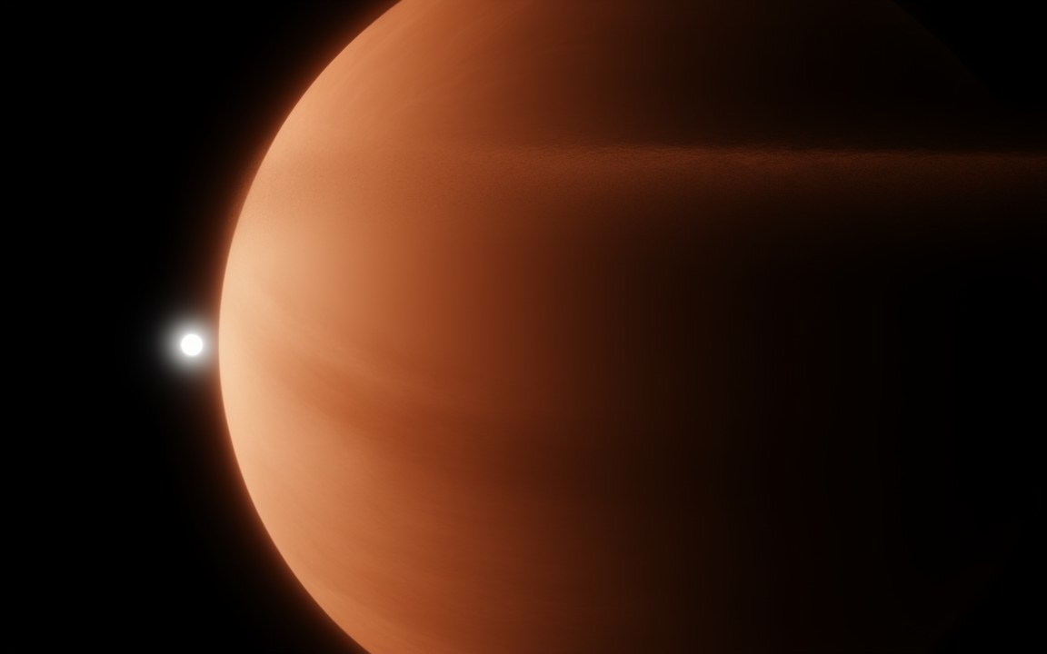A banded orange-brown gas giant filling the right of the frame, with a small bright white star at its left edge, an impression of Beta Pictoris b.
