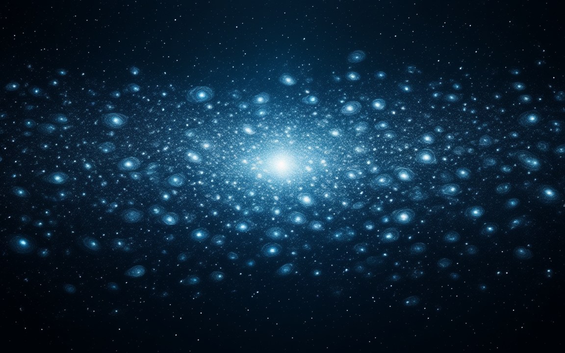Hundreds of small blue-white galaxies, spirals and ovals, packed together across the whole picture and growing denser towards one bright white point in the centre, an impression of the universe collapsing in a Big Crunch.