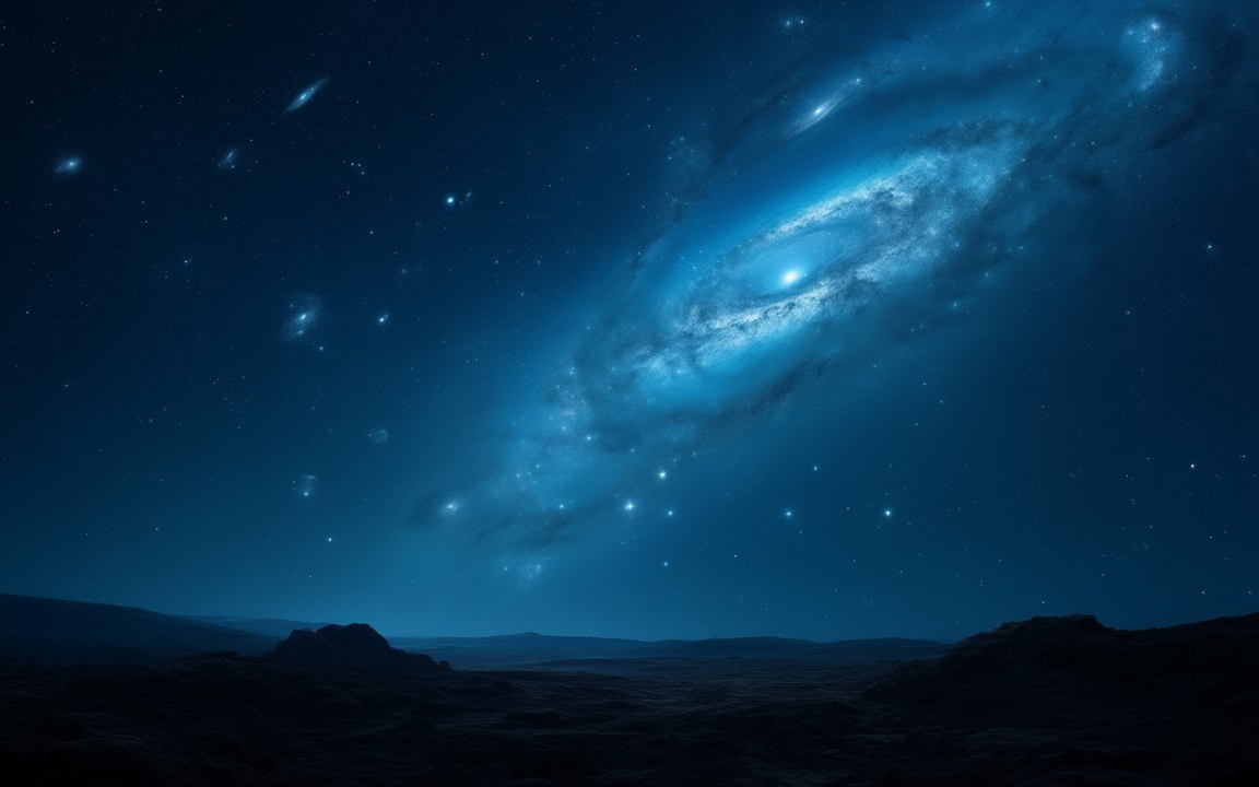 A large blue spiral galaxy and many smaller galaxies fill a deep blue night sky above a dark, rocky plain, an impression of a far-future sky crowding with galaxies as the universe contracts.