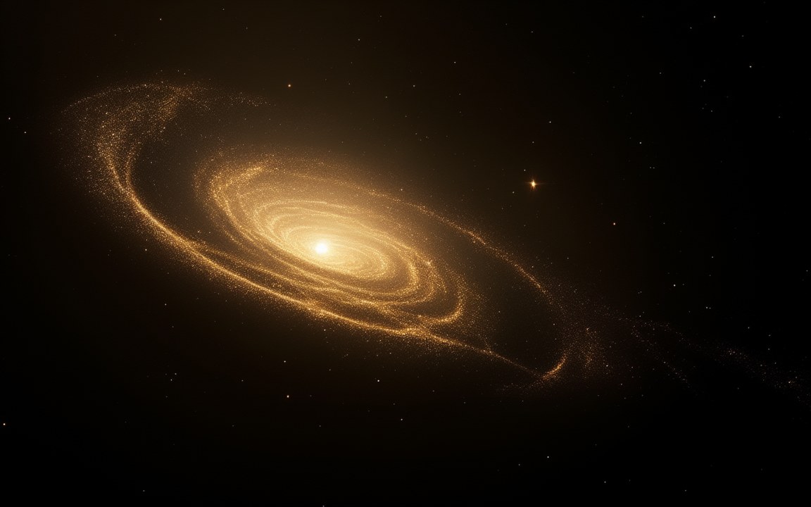 A golden spiral galaxy whose outer stars stream away in loose, thinning arcs, an impression of a galaxy torn apart in a Big Rip.