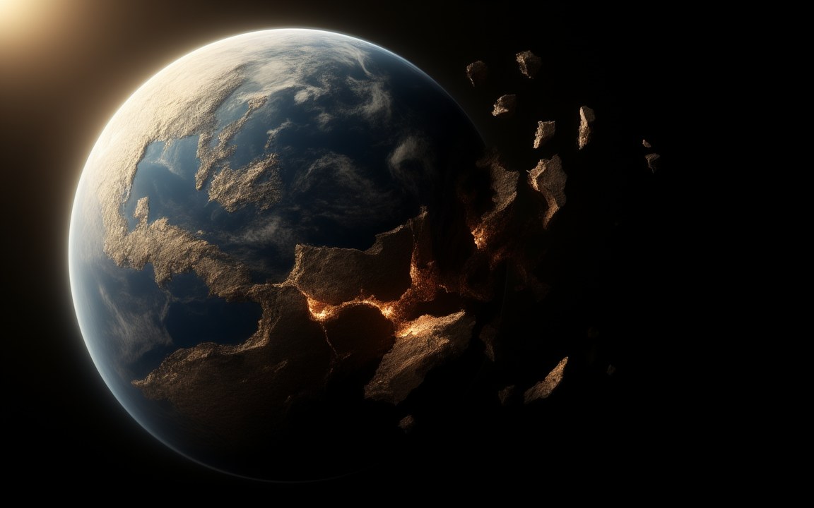 Earth cracking apart, glowing lava in the gaps and broken chunks drifting away to the right, an impression of a planet torn apart in a Big Rip.
