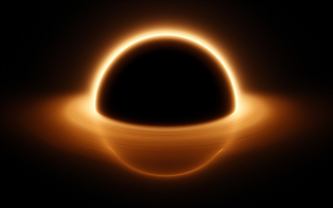 A black sphere edged by a thin ring of light, with a glowing orange disc of gas whose far side bends up over the top and down beneath it, an impression of a black hole.