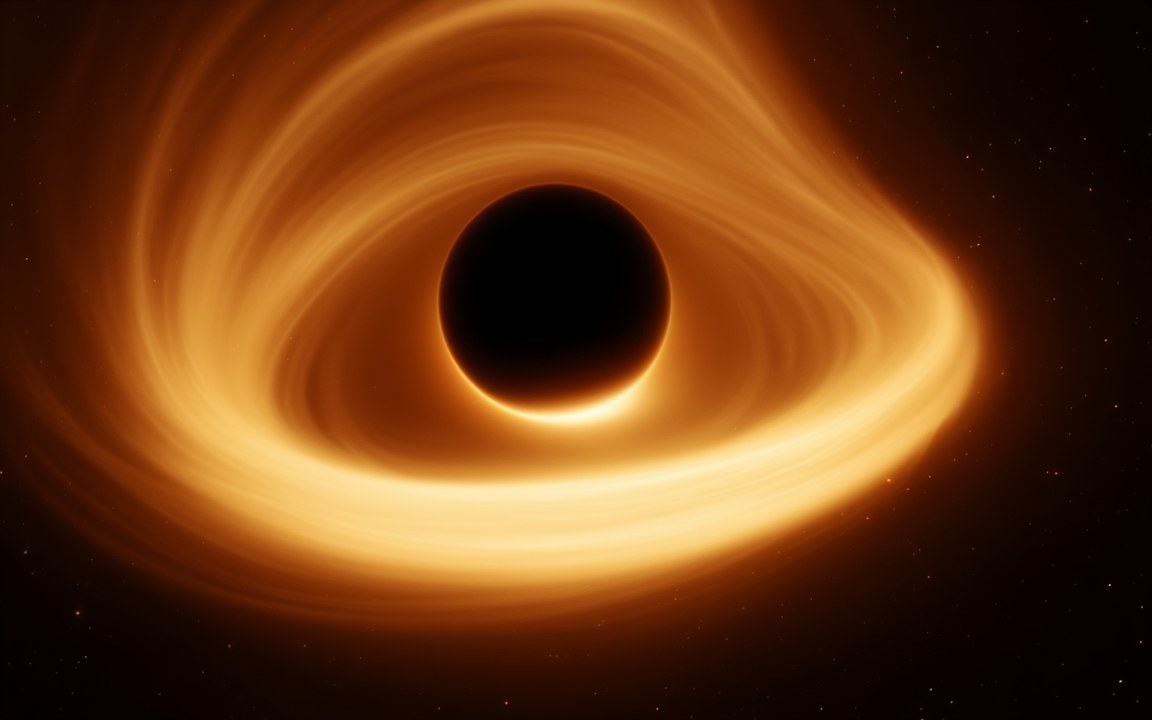 A black shadow inside a broad, looping stream of glowing orange gas, an impression of a black hole tearing apart a star.