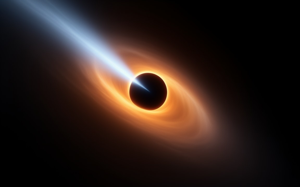 A black hole ringed by a glowing orange disc, with a bright blue-white jet shooting out towards the viewer, an impression of a blazar.