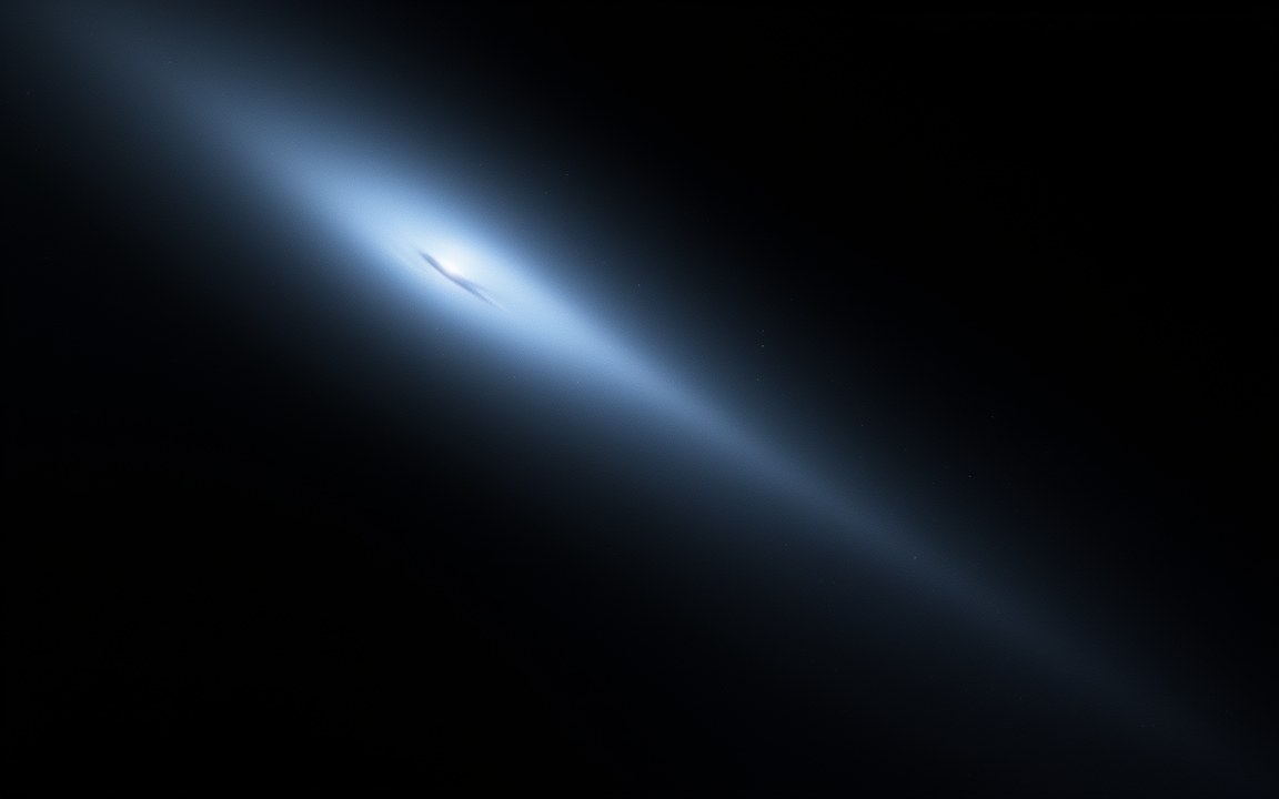 A dazzling blue-white point of light inside a faint, elongated haze, with a bright streak running through it, an impression of a blazar seen down its jet.