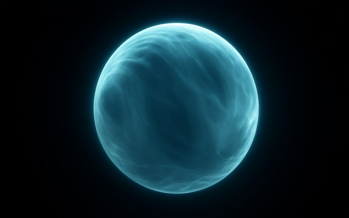 A ghostly, translucent sphere of shimmering cyan light floating in dark space, an impression of a hypothetical boson star.