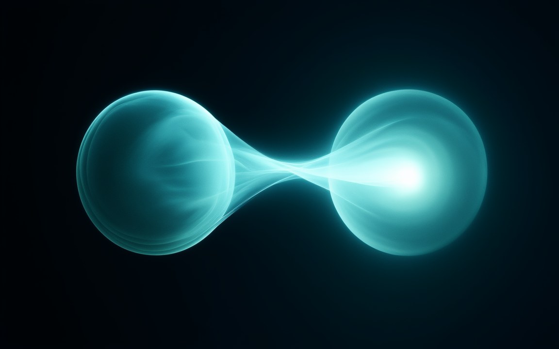 Two translucent cyan spheres joined by a bright flash of light where they meet, an impression of two boson stars colliding.