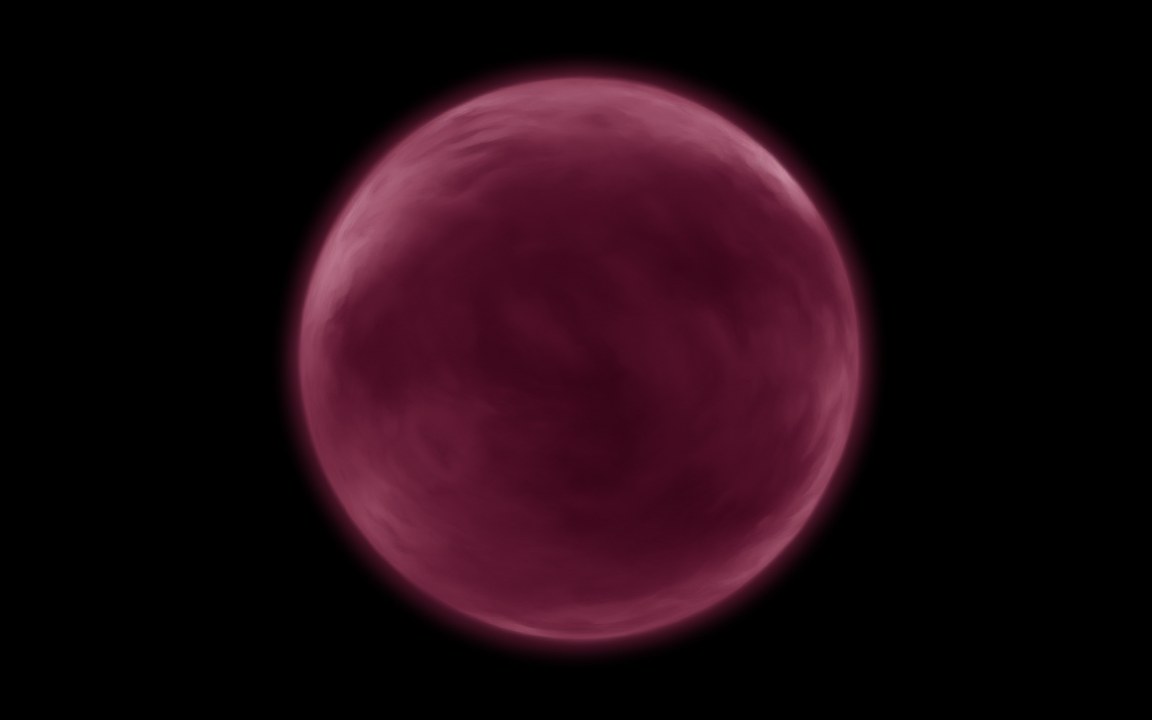 A dim, dark magenta ball with faint swirling clouds glowing against black space, an impression of a brown dwarf.