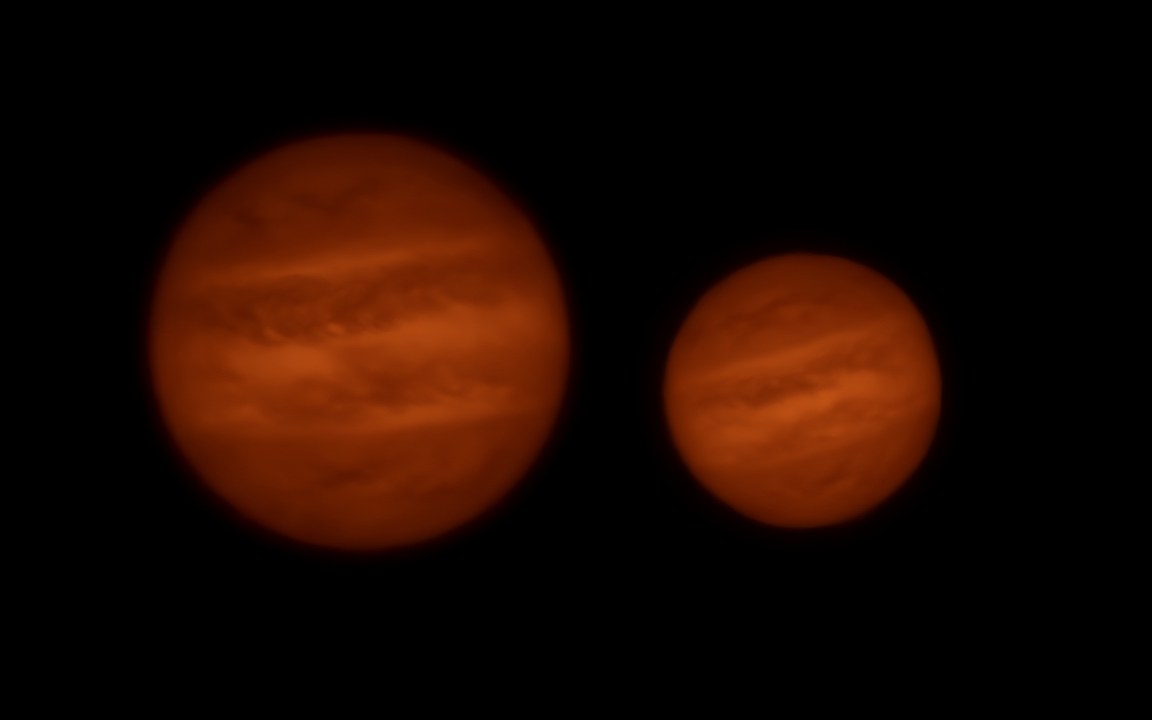 Two banded reddish-brown balls side by side in black space, one larger than the other, an impression of a pair of brown dwarfs.