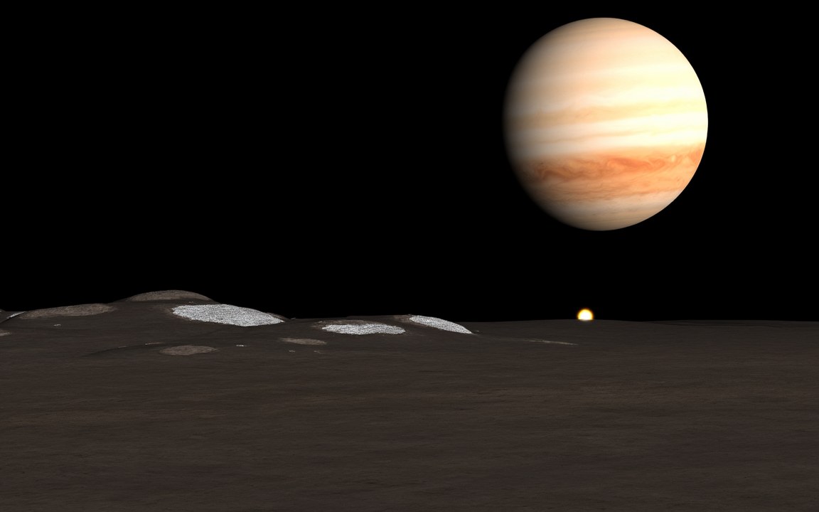 Low, rounded grey hills with patches of white frost on a dark, dusty plain, under a black sky where a large banded Jupiter hangs and a tiny Sun sits on the horizon, an impression of the view from the surface of Callisto.