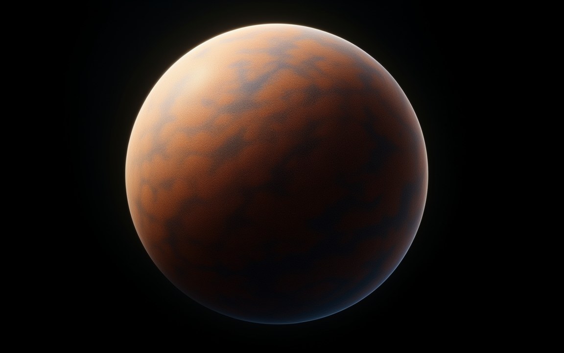 A sphere in black space covered in mottled orange and dark bluish patches, an impression of the cosmic microwave background drawn as a globe around the observer.