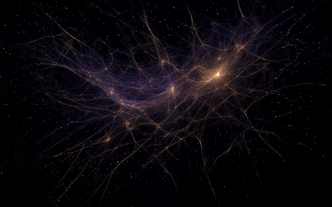 A tangle of glowing violet and gold filaments with bright knots where they meet, an impression of the cosmic web.