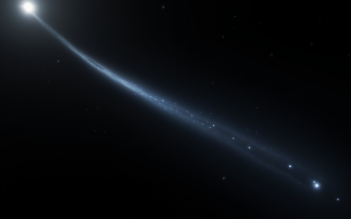 A long, thin blue filament of light curving across black space, dotted with faint points, an impression of a strand of the cosmic web.