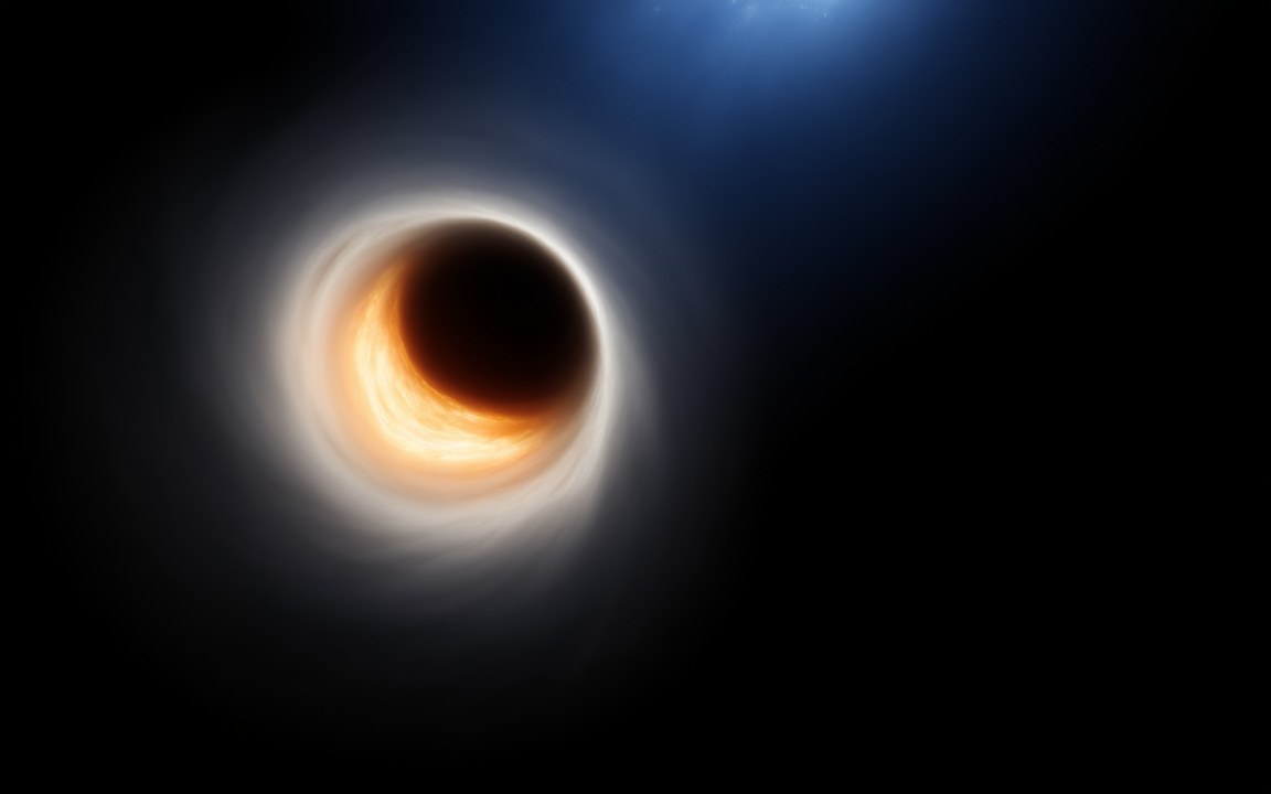 A black hole surrounded by a swirling white and orange disc of gas, with the blue glow of a companion star at the top edge, an impression of Cygnus X-1.