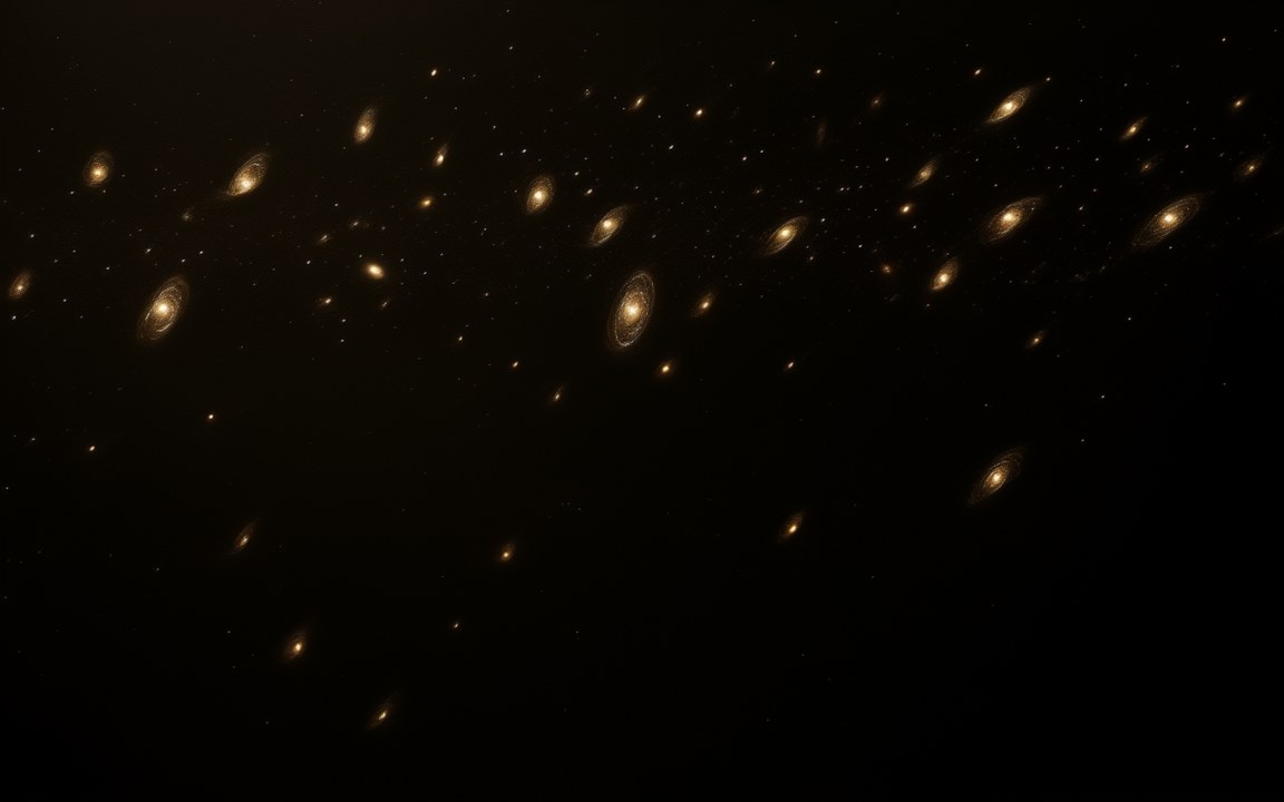Hundreds of small spiral and oval galaxies scattered across dark space, an impression of galaxies drifting apart as dark energy speeds up the expansion of the universe.