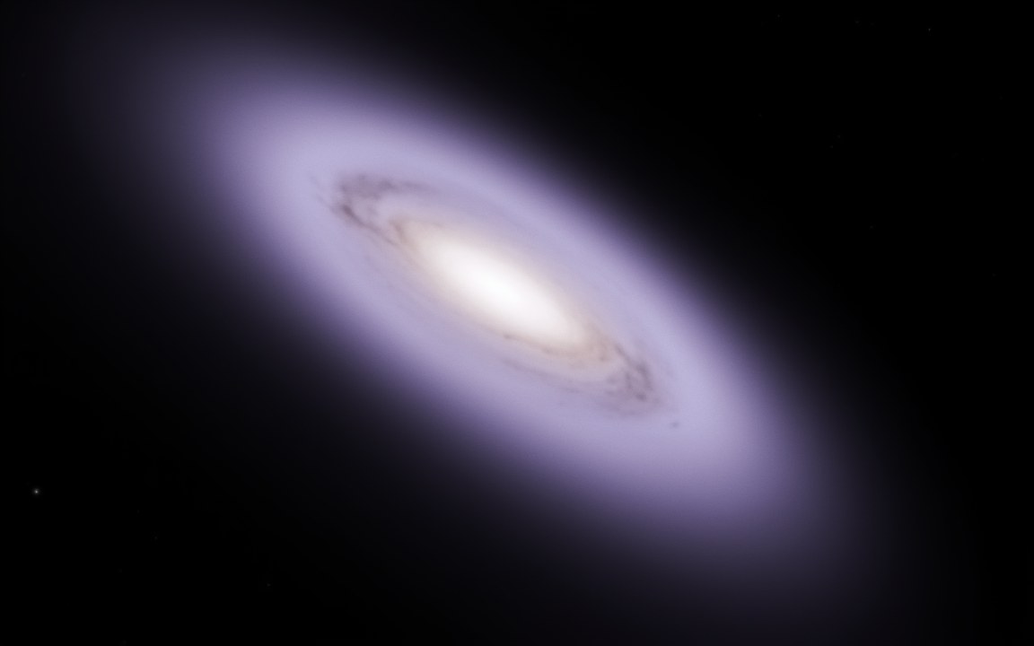A bright spiral galaxy seen at a slant, wrapped in a wide, soft violet glow that reaches well beyond its stars, an impression of the dark matter halo around a galaxy.