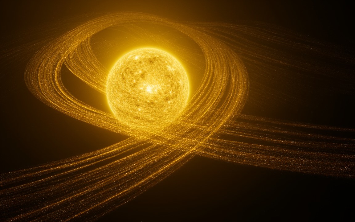 A golden star wrapped in many looping bands of tiny glittering collectors, an impression of a Dyson swarm.