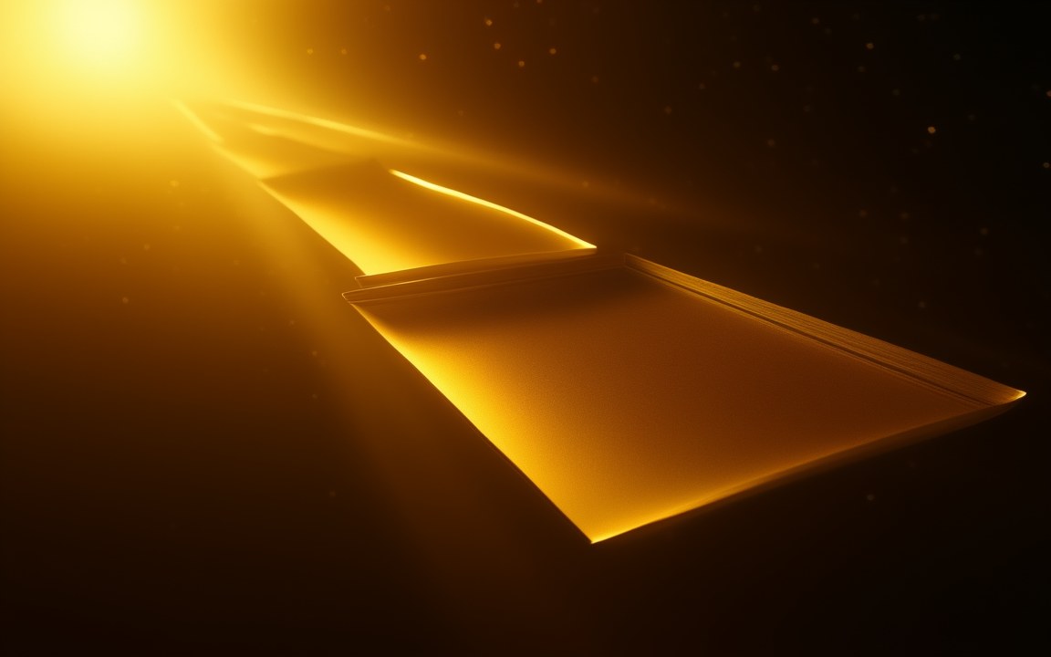 Thin, flat golden panels drifting in a row through bright starlight, an impression of collectors in a Dyson swarm.