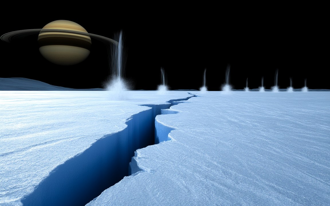 A long, deep crack in a bright white ice plain, a row of thin white jets rising into a black sky, and ringed Saturn hanging above the horizon, an impression of the south polar region of Enceladus.