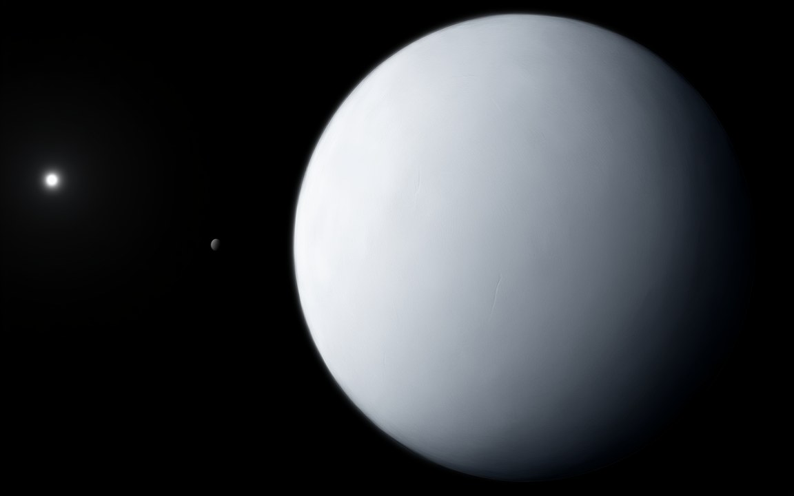 A bright white, frost-smooth world lit from the left by the Sun, which is only a small bright star, with a tiny moon beside it, an impression of the dwarf planet Eris and its moon Dysnomia.