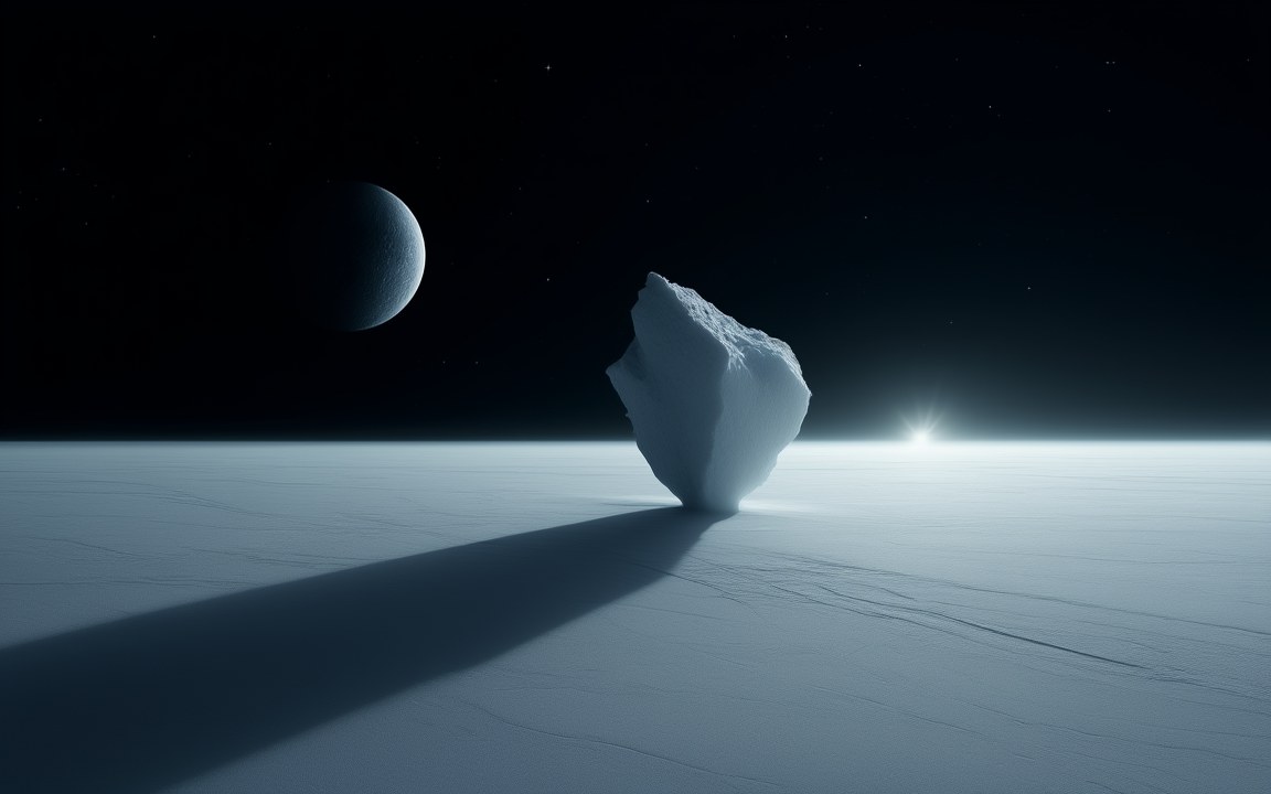 A white frozen plain with a block of ice casting a long shadow, a small moon in the black sky and the Sun as a bright star on the horizon, an impression of the surface of Eris.
