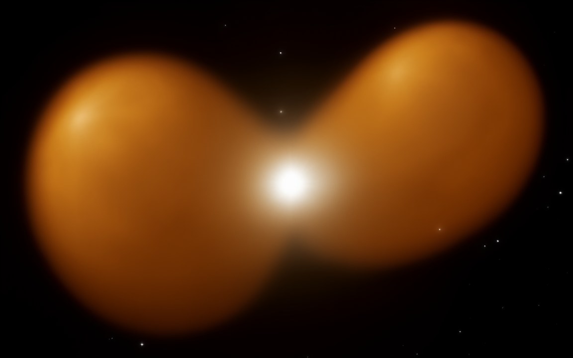 A brilliant white star between two large glowing orange lobes of gas that bulge out on opposite sides like an hourglass, an impression of Eta Carinae and the Homunculus Nebula.