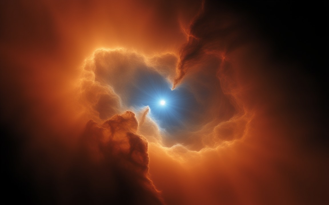 A brilliant blue-white star shining from a hollow in billowing orange clouds of gas and dark dust, an impression of Eta Carinae in the Carina Nebula.
