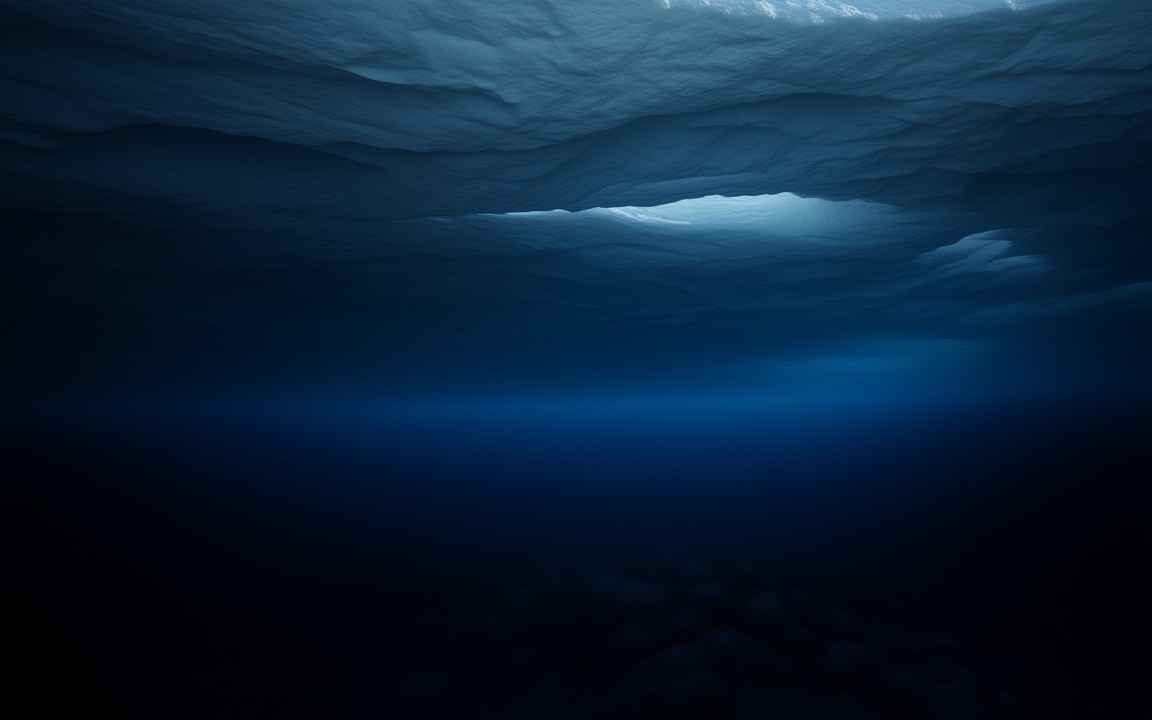 Dark blue water seen from below, with the rough white underside of a thick ice shell above and faint light filtering through a crack, an impression of the ocean beneath Europa's ice.