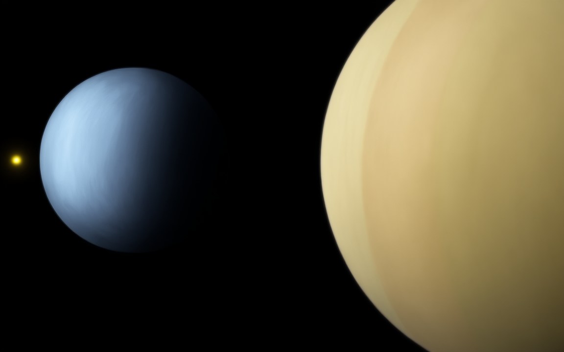 A hazy blue moon on the left, lit by a small yellow star beside it, with the cream-coloured edge of a much larger gas giant filling the right of the picture, an impression of a Neptune-sized exomoon like the candidate around Kepler-1625b.