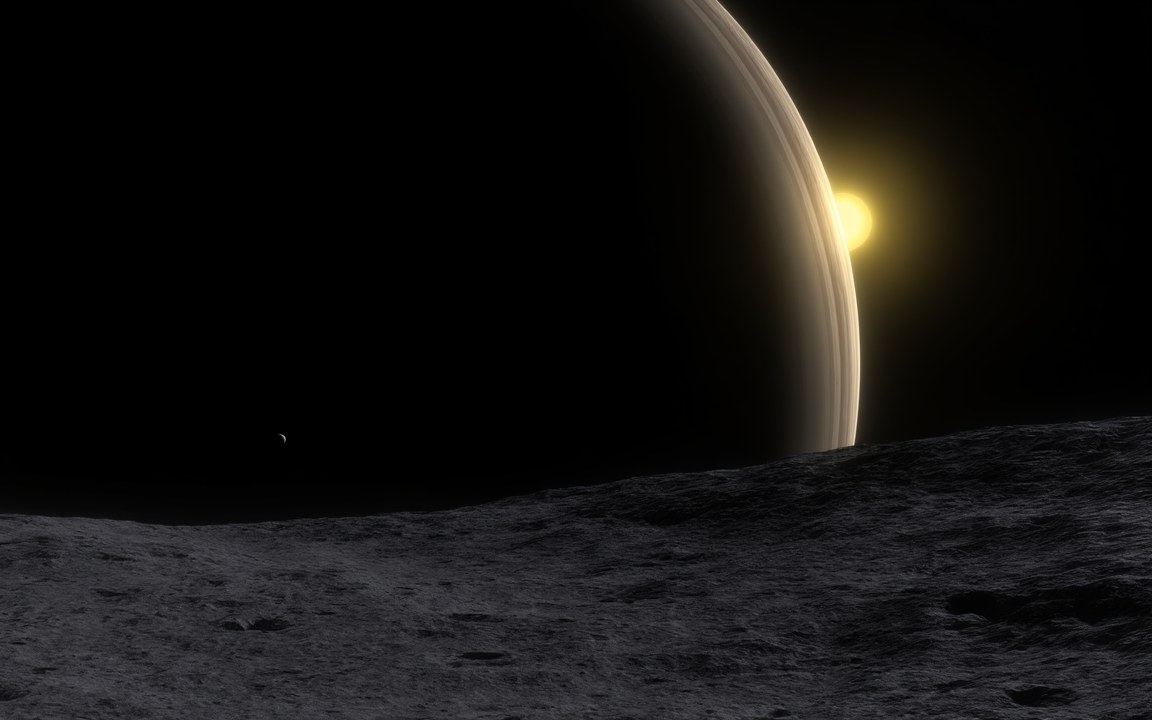 The edge of a giant banded gas planet fills the upper right of a black sky, with a small bright sun just beside its rim, above the grey, rocky horizon of a moon, an impression of the view from an exomoon.
