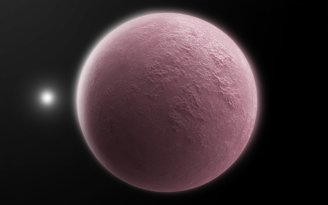 A pale pink, frosty, cratered world lit from the left by the Sun, which is only a small bright star at that distance, an impression of Farout or Farfarout, the most distant objects seen in the Solar System.