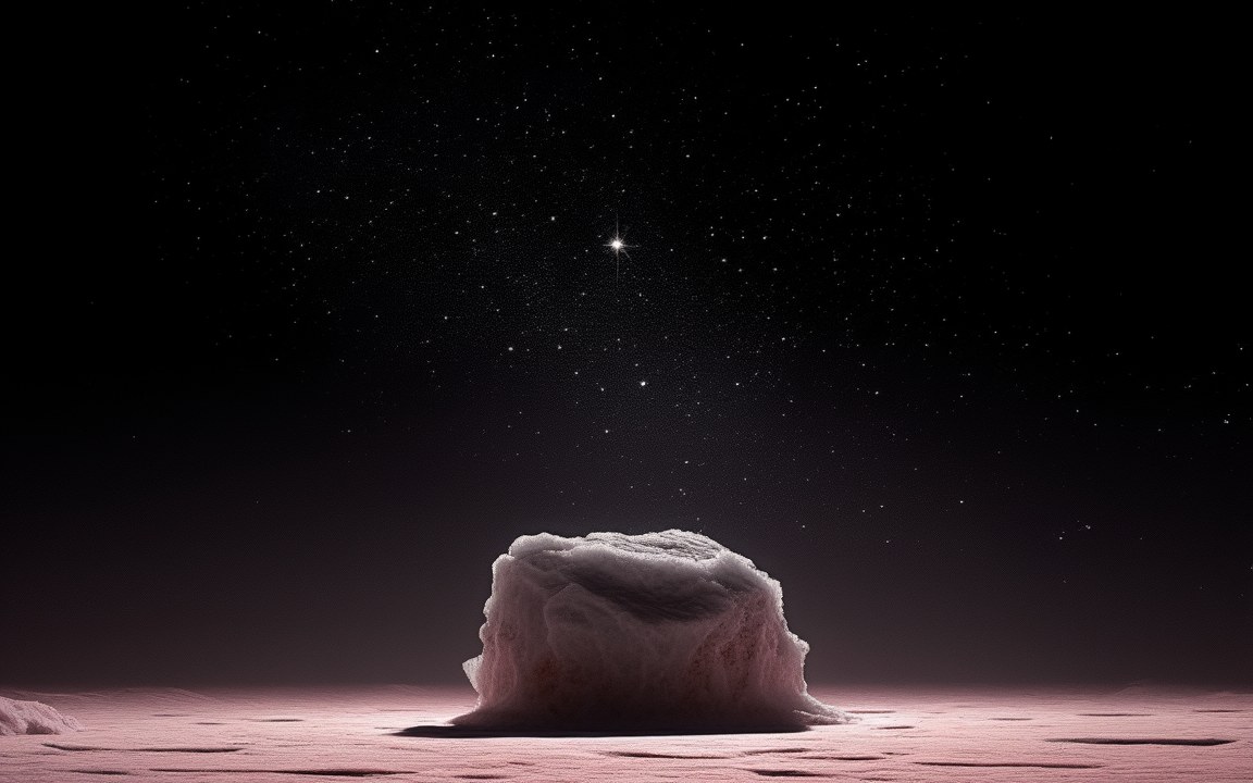 A pale pink frozen plain with a lump of frost under a black sky full of stars, the Sun only one small star among them, an impression of the surface of Farout or Farfarout.