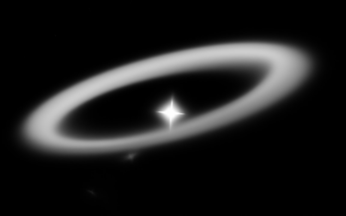 A bright white star inside a wide, tilted oval ring of grey dust, sitting a little off-centre within it, with faint smudges of light below, an impression of the star Fomalhaut and the dust belt in which Fomalhaut b was seen.