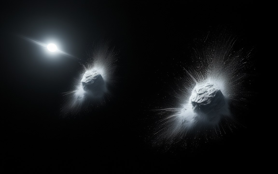 Two rough, icy bodies shattering into sprays of white dust and fragments, with a bright white star in the distance, an impression of the collision thought to have made the dust cloud called Fomalhaut b.
