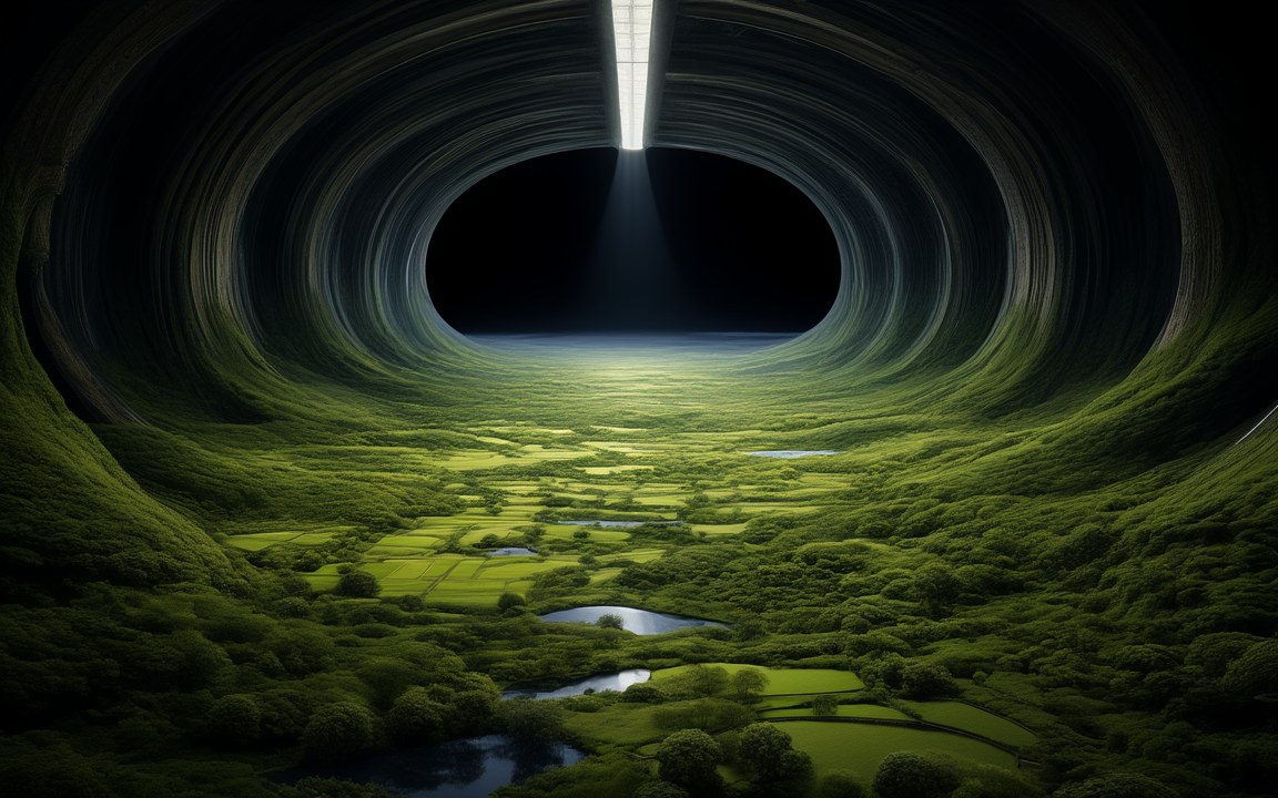 Green fields, woods and small lakes curving up the walls of a vast cylinder, with a bright light strip running down its centre, an impression of life inside a generation ship.