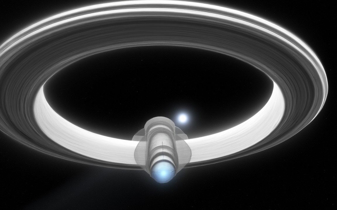 A long grey cylinder inside a huge spinning ring, its engine glowing blue, an impression of a generation ship travelling between the stars.